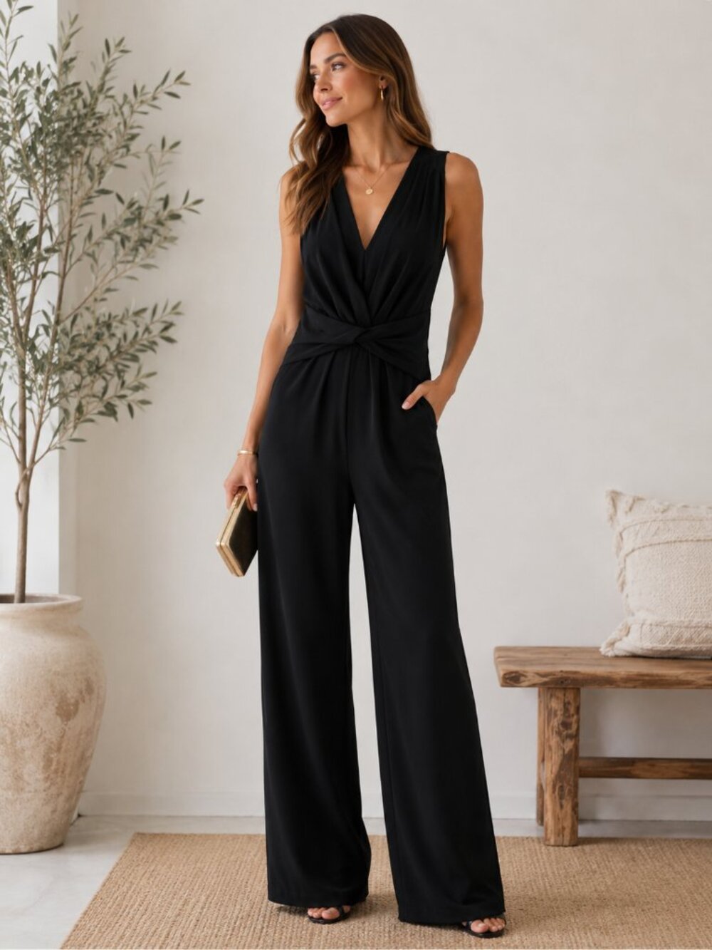 NWT ASTR The Label Black Wide Leg Jumpsuit Women's Small Twist Waist 1293